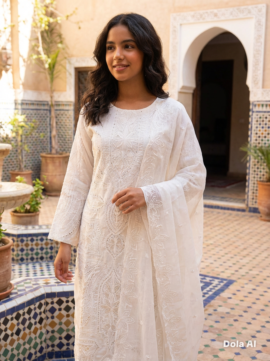 Maria b inspired white 3pc outfit with white thread embroidery and chiffon scarf