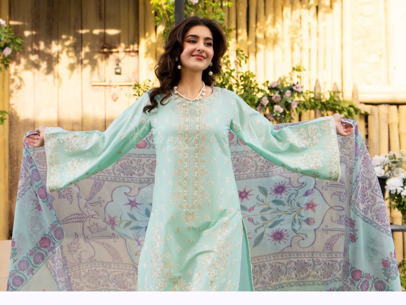 Aqua green with white embroidery original 3pc karma collection