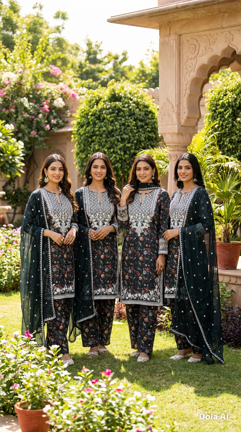 Floral suit with wide trousers and Chiffon embroidery dupatta