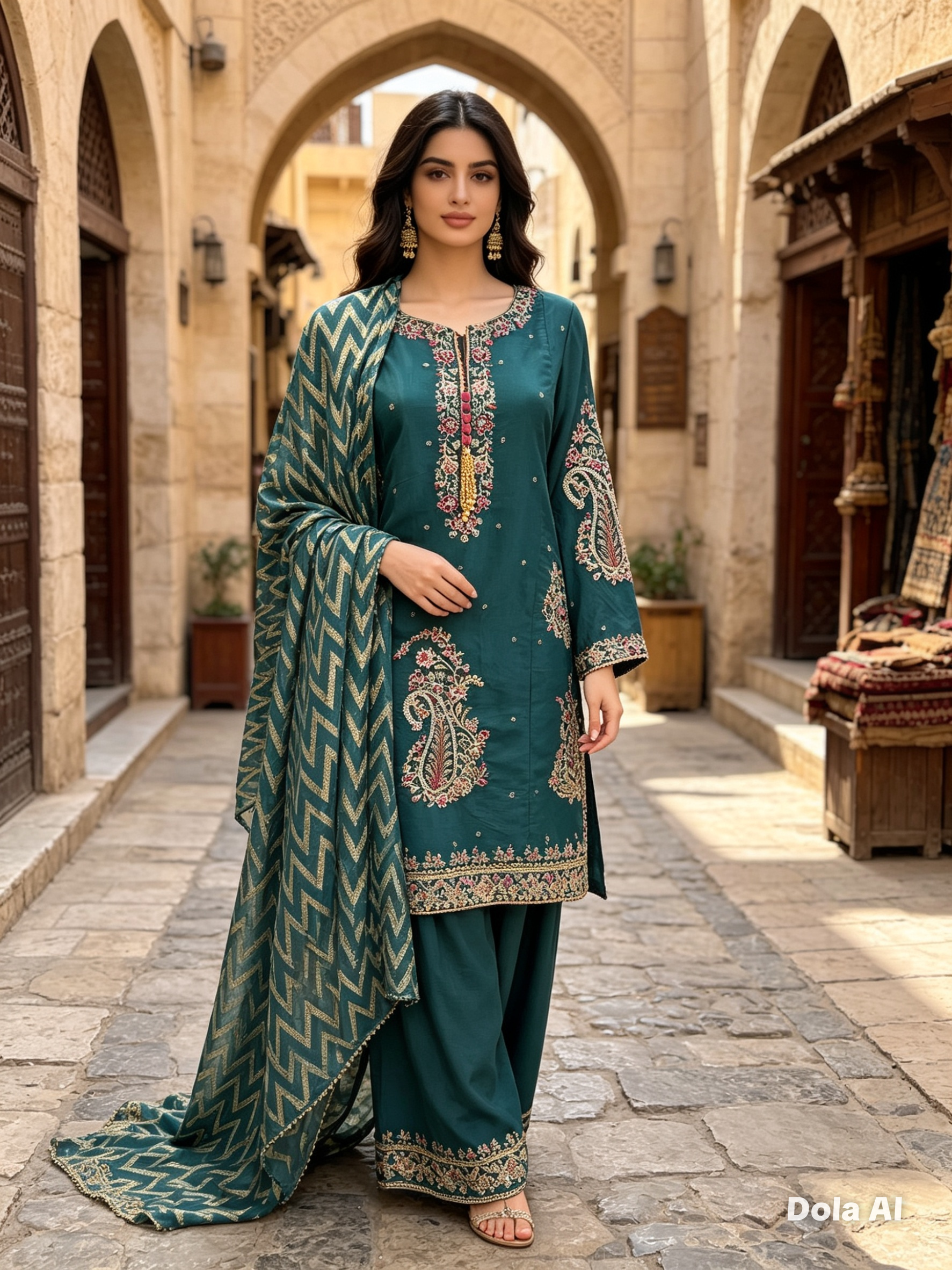 Ethnic inspired 3pc outfit in bottle green