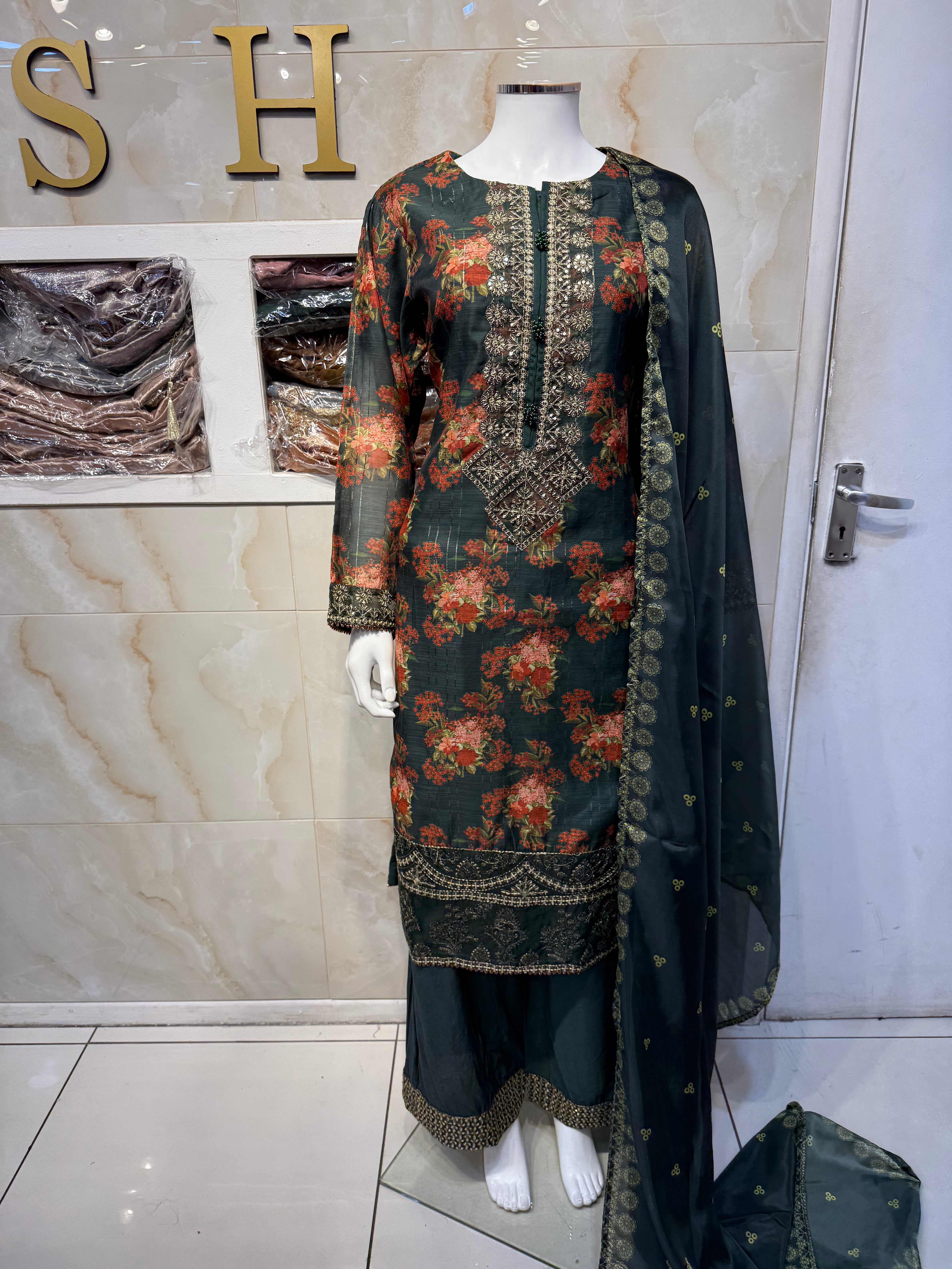 Ar Bottle Green Floral Long Length Ladies Suit with Intricate Design and Colorful Patterns