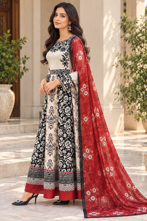 Ivory & Black Floral Printed Lawn Frock with Red Silk Dupatta