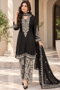 Black Embroidered Silky Viscose Suit with Printed Trousers and Dupatta