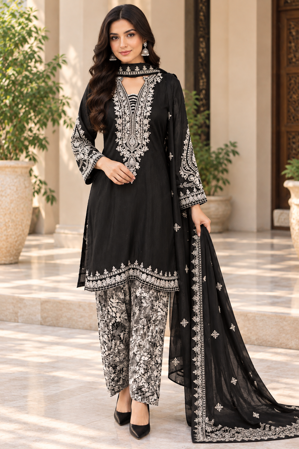 Black Embroidered Silky Viscose Suit with Printed Trousers and Dupatta