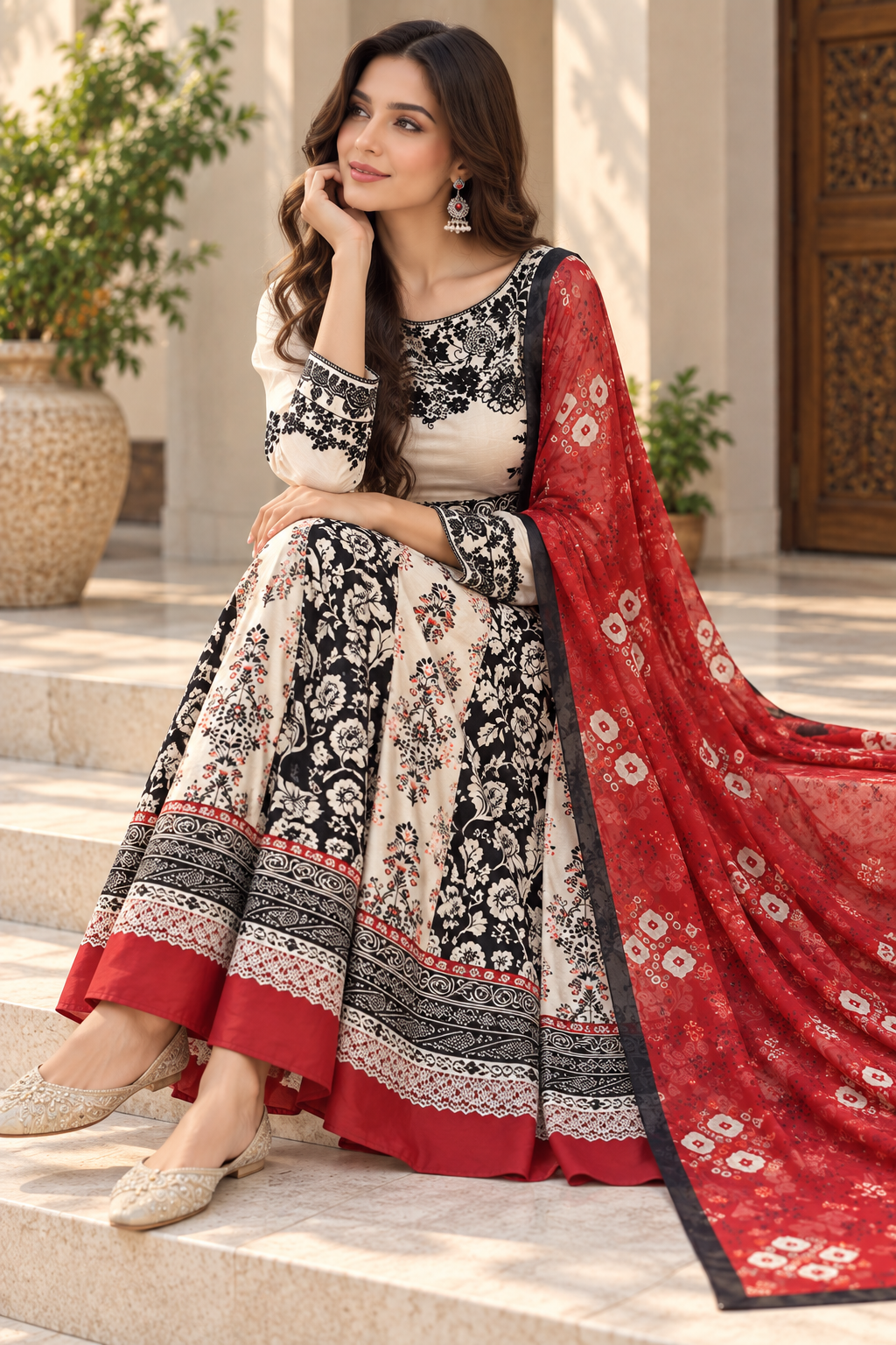Ivory & Black Floral Printed Lawn Frock with Red Silk Dupatta