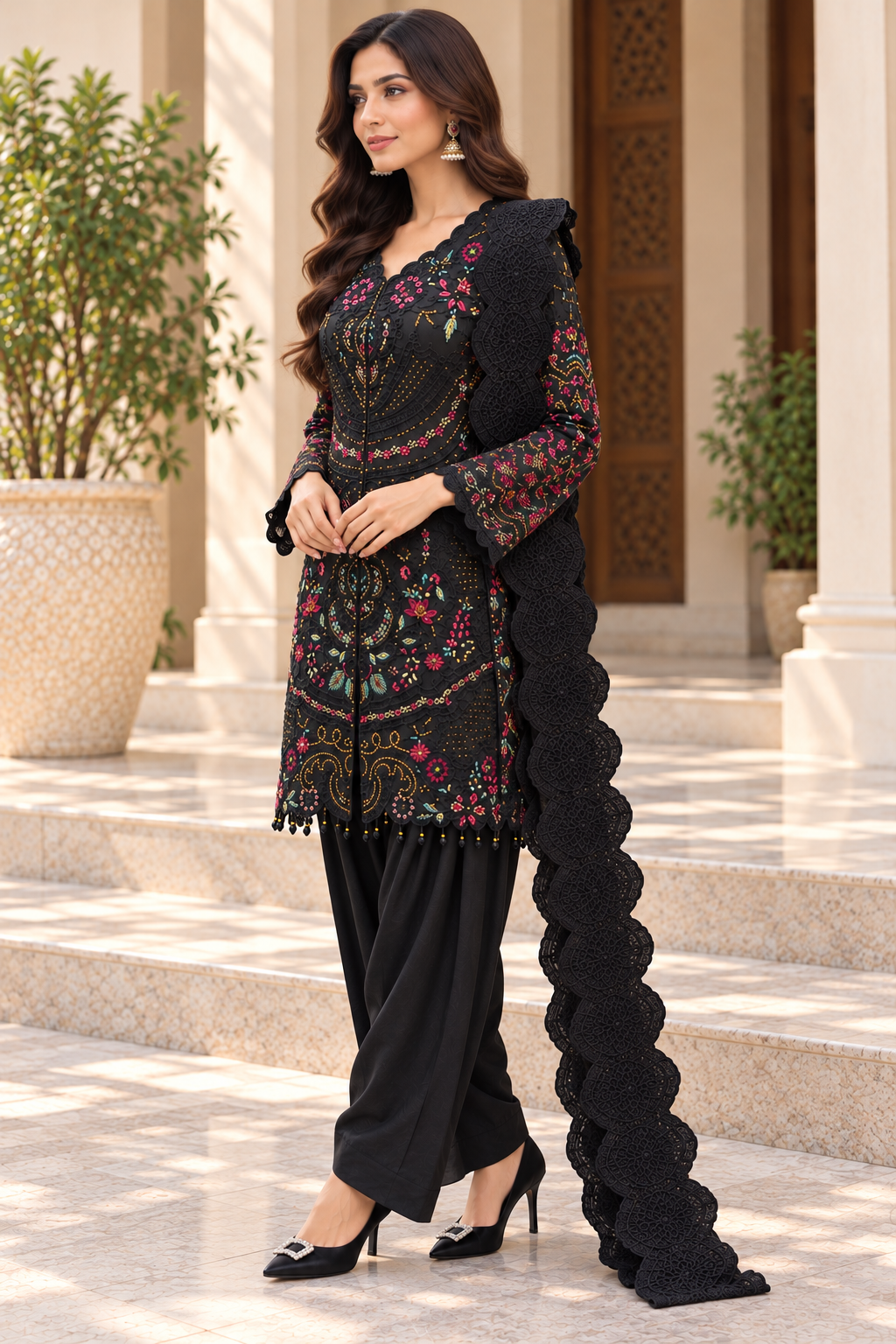 Black Embroidered Silky Viscose Suit with Lace Dupatta