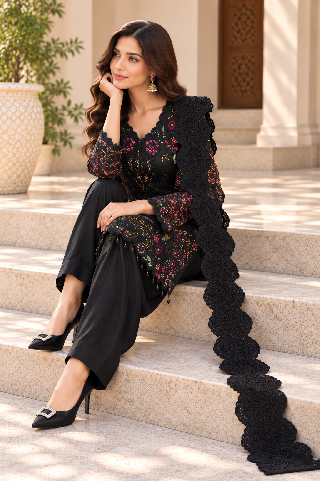 Black Embroidered Silky Viscose Suit with Lace Dupatta