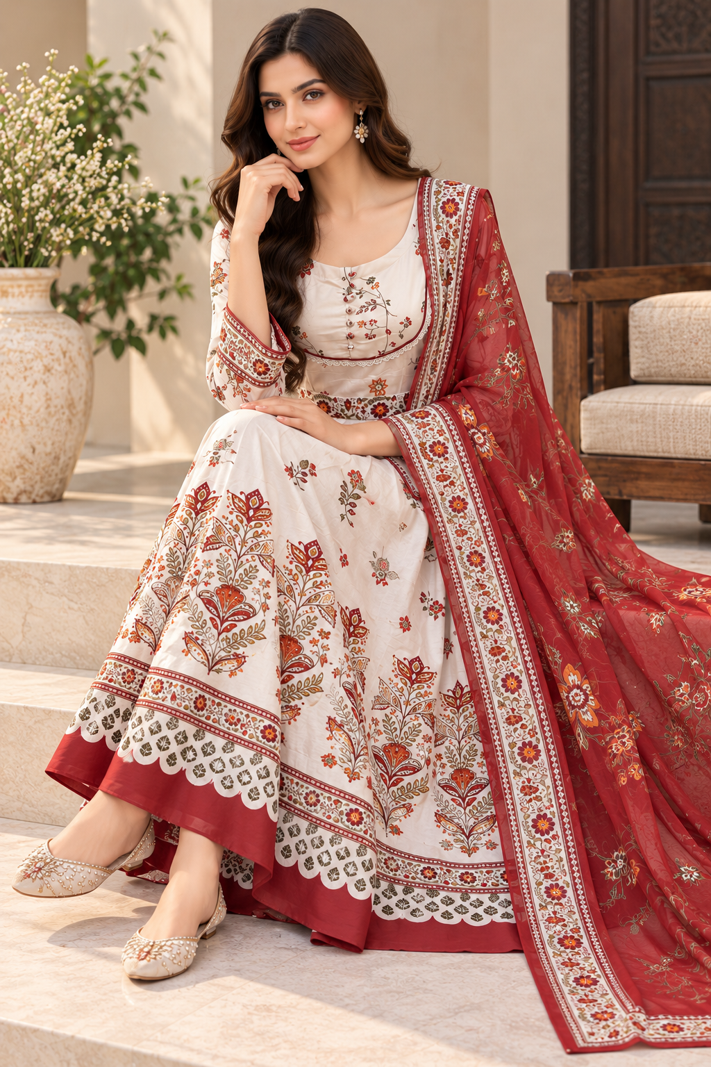 Ivory Floral Printed Lawn Frock with Maroon Silk Dupatta