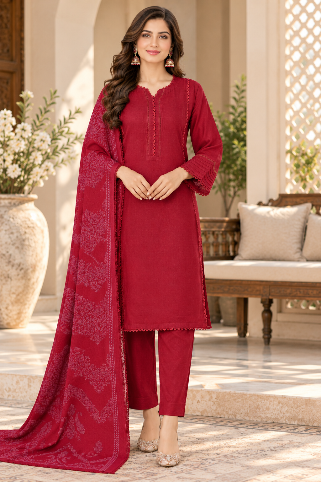 Maroon Red Dhanak 3-Piece Suit with Printed Dhanak Shawl