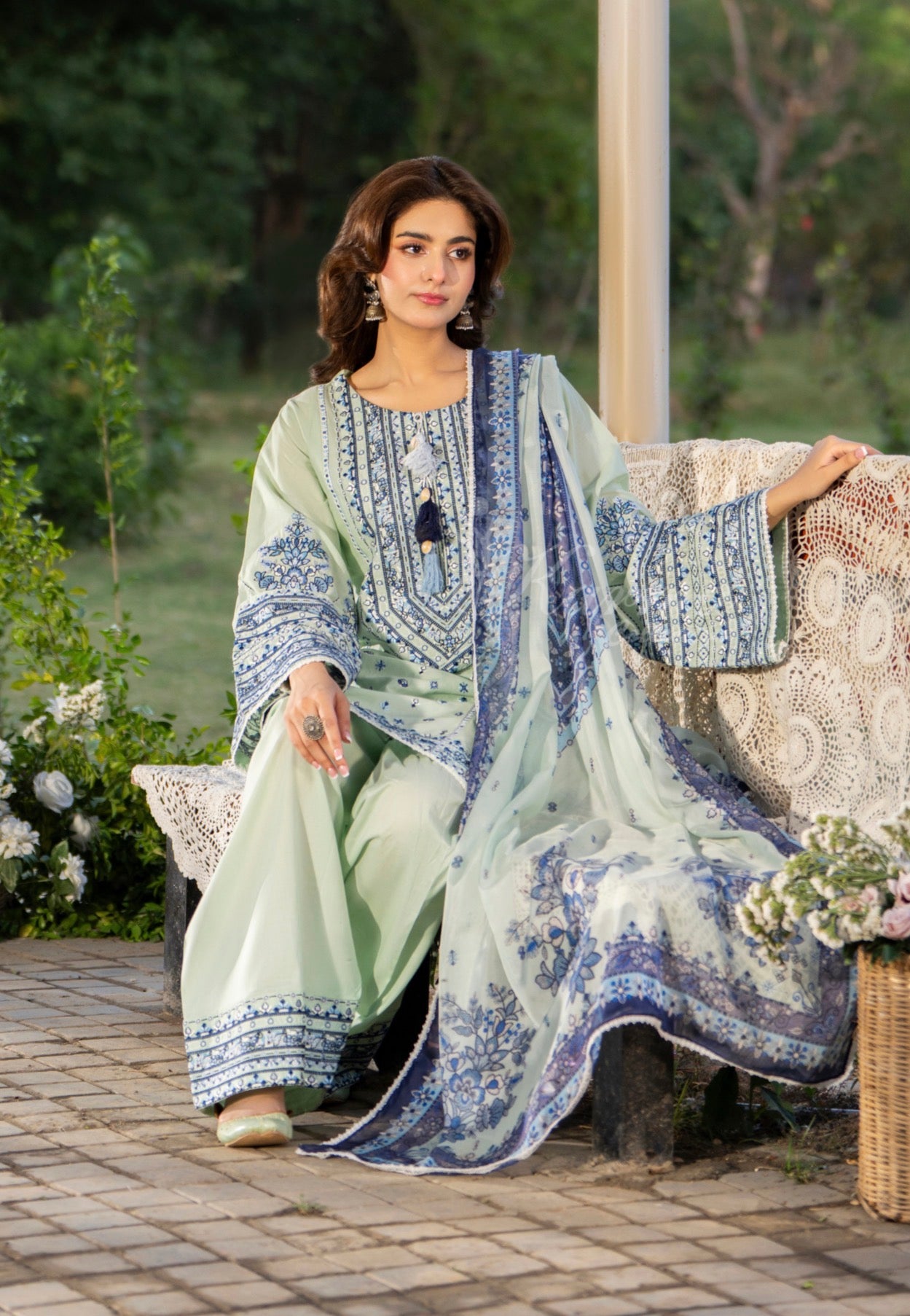 Green and blue original karma farshi Shalwaar 3pc suit