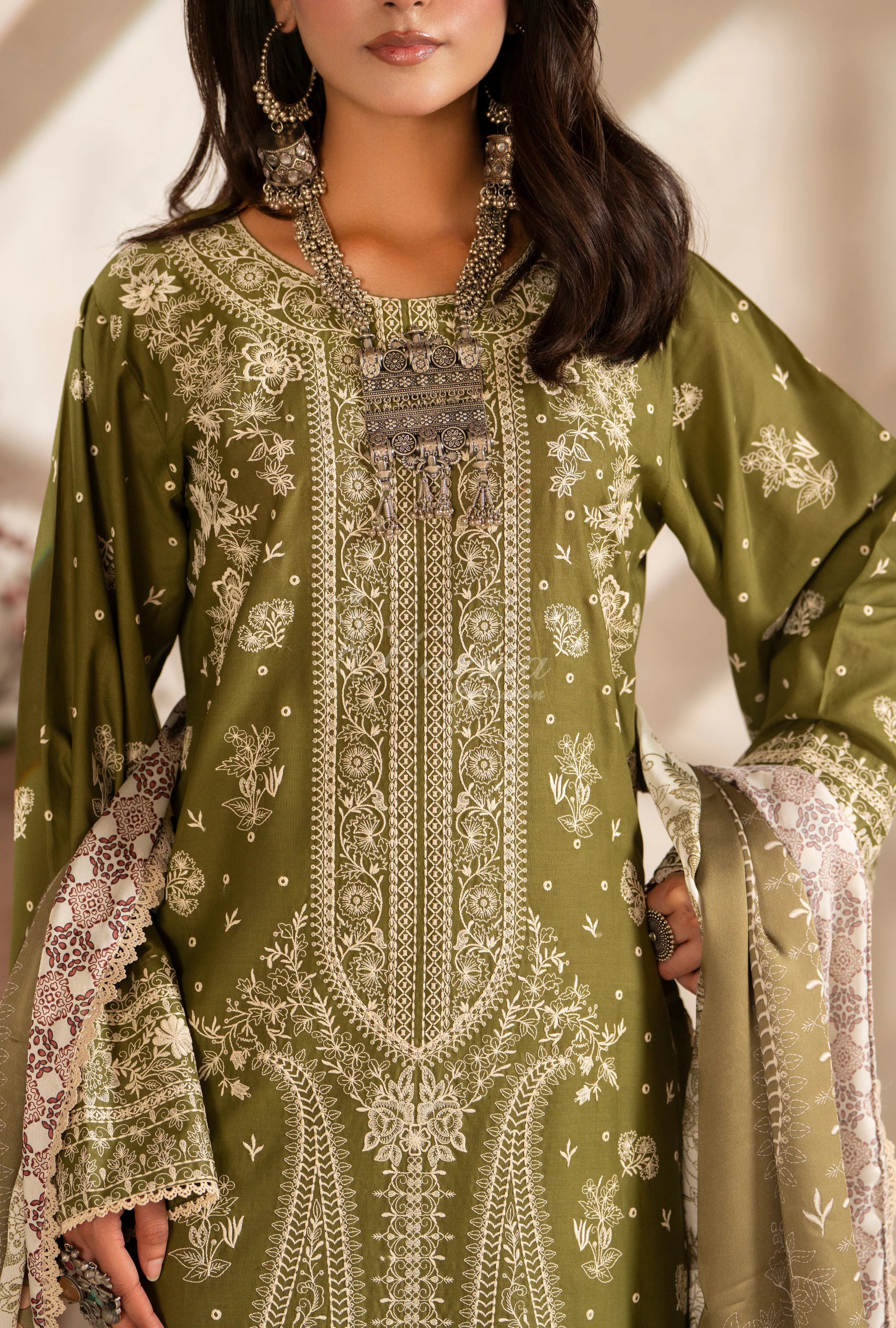 Original Karma collection olive green 3pc outfit with silk scarf