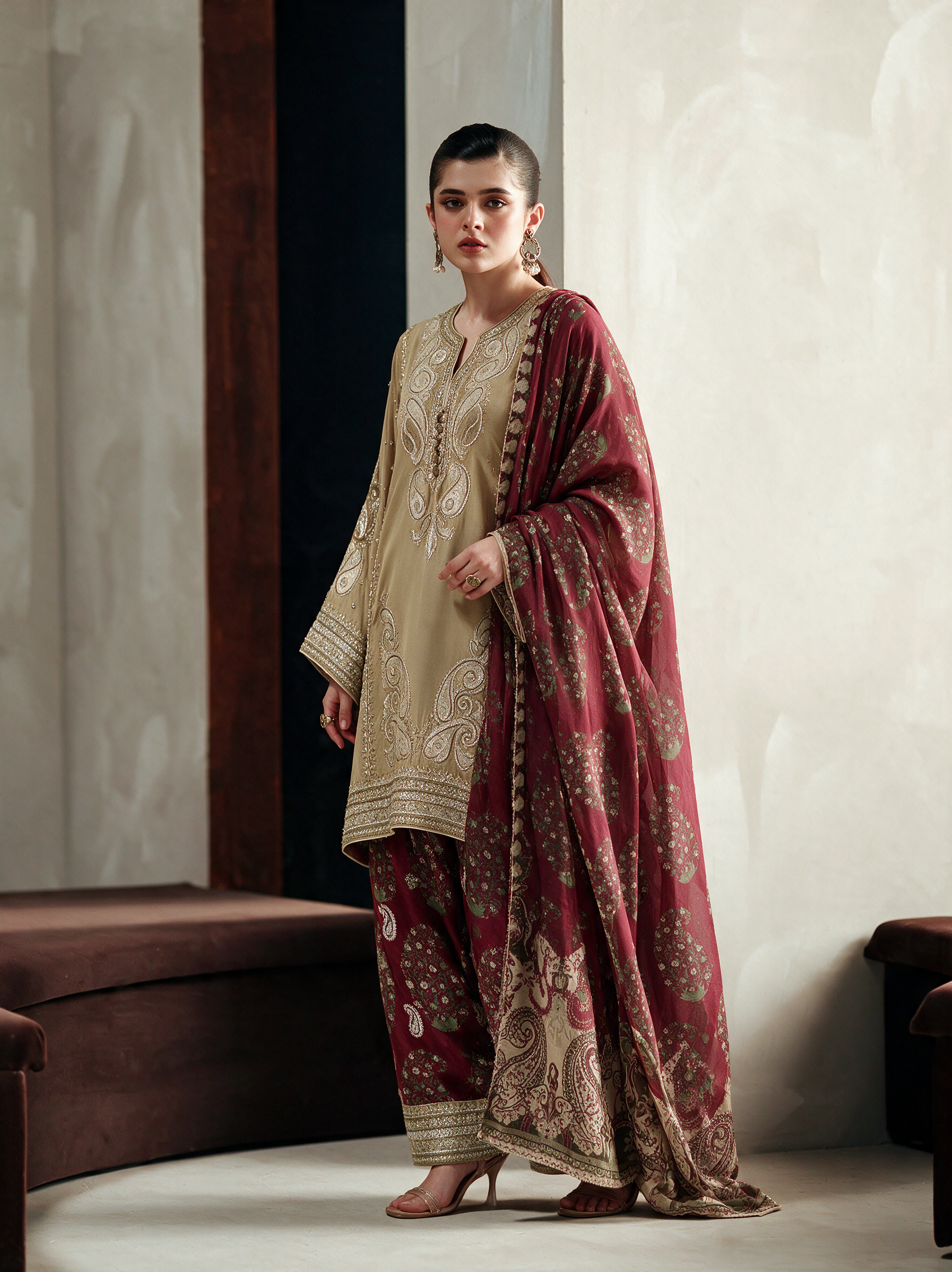 3pc Baige and maroon ethnic inspired outfit