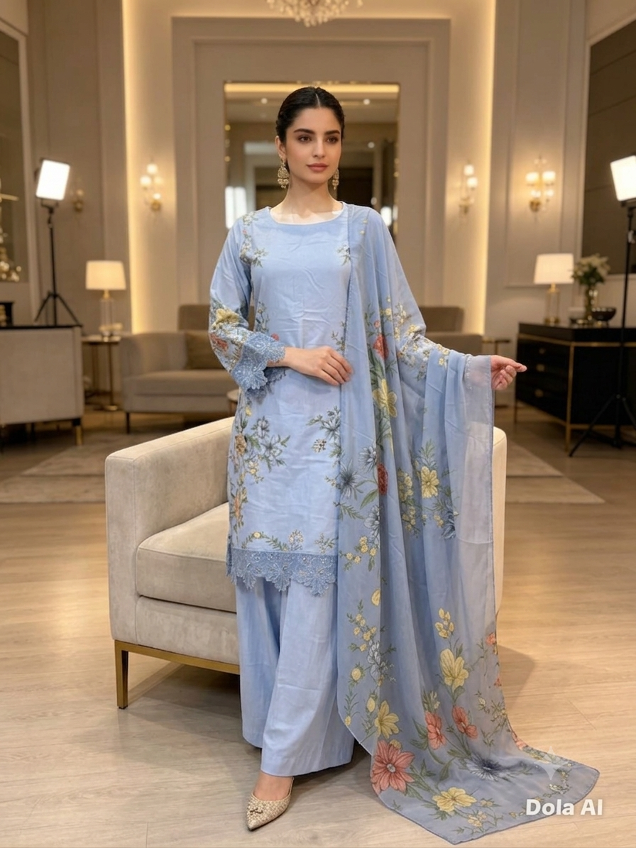 Sky Blossom Printed Cotton Suit with Floral Dupatta & Wide-Leg Trouser