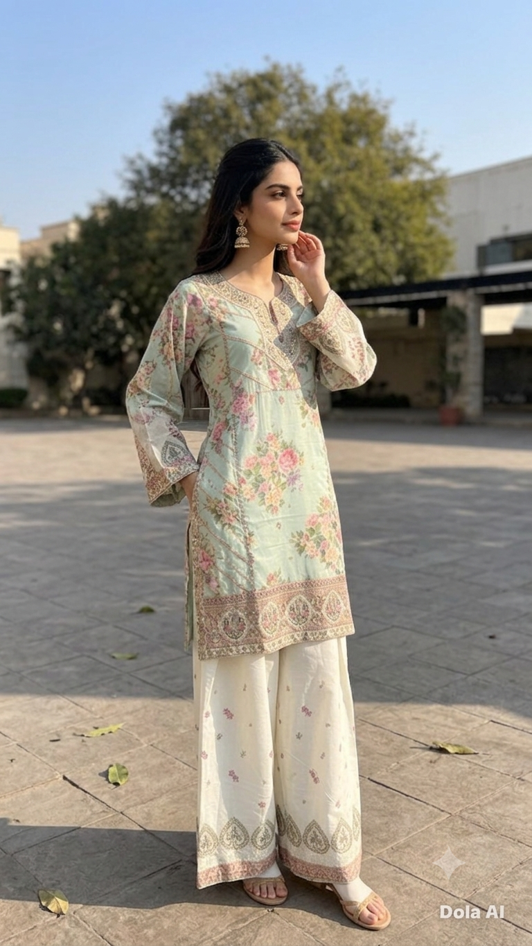 Mint Blossom Printed Lawn Suit with Farshi Shalwar