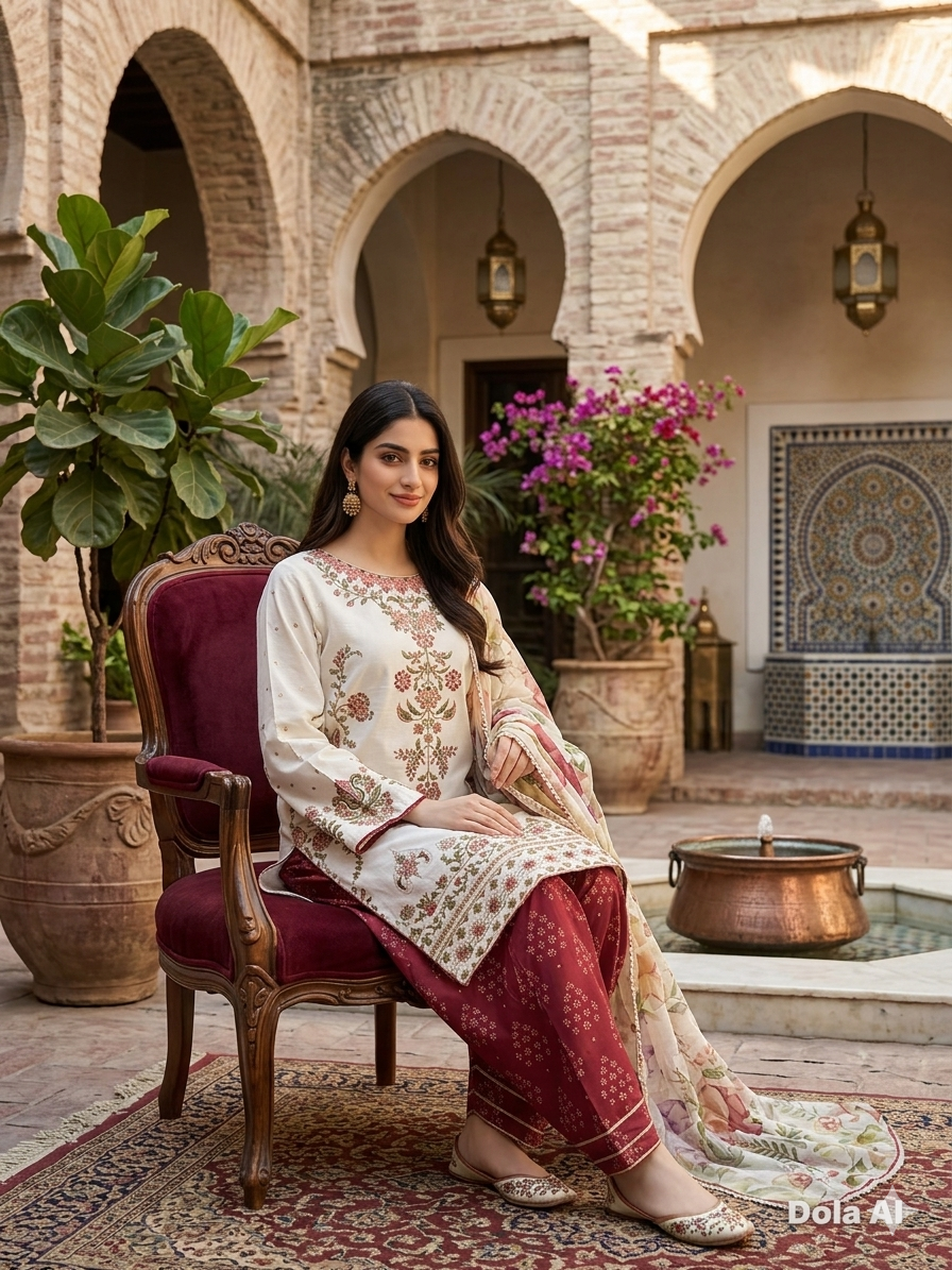 Ivory Blossom Embroidered Lawn Suit with Silk Dupatta & Farshi Shalwar