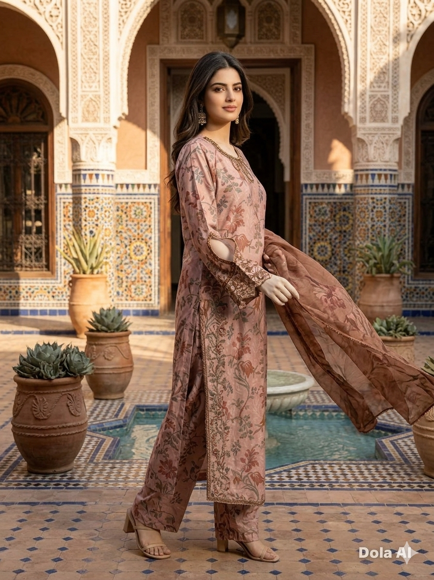 Misty Rose Printed Lawn Suit with Organza Dupatta