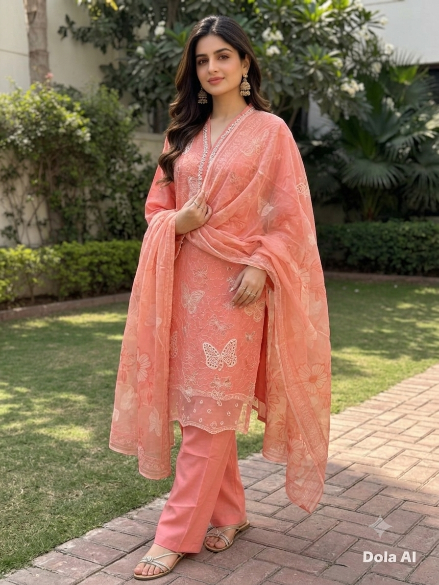 Peach Butterfly Embroidered Cotton Suit with Floral Dupatta