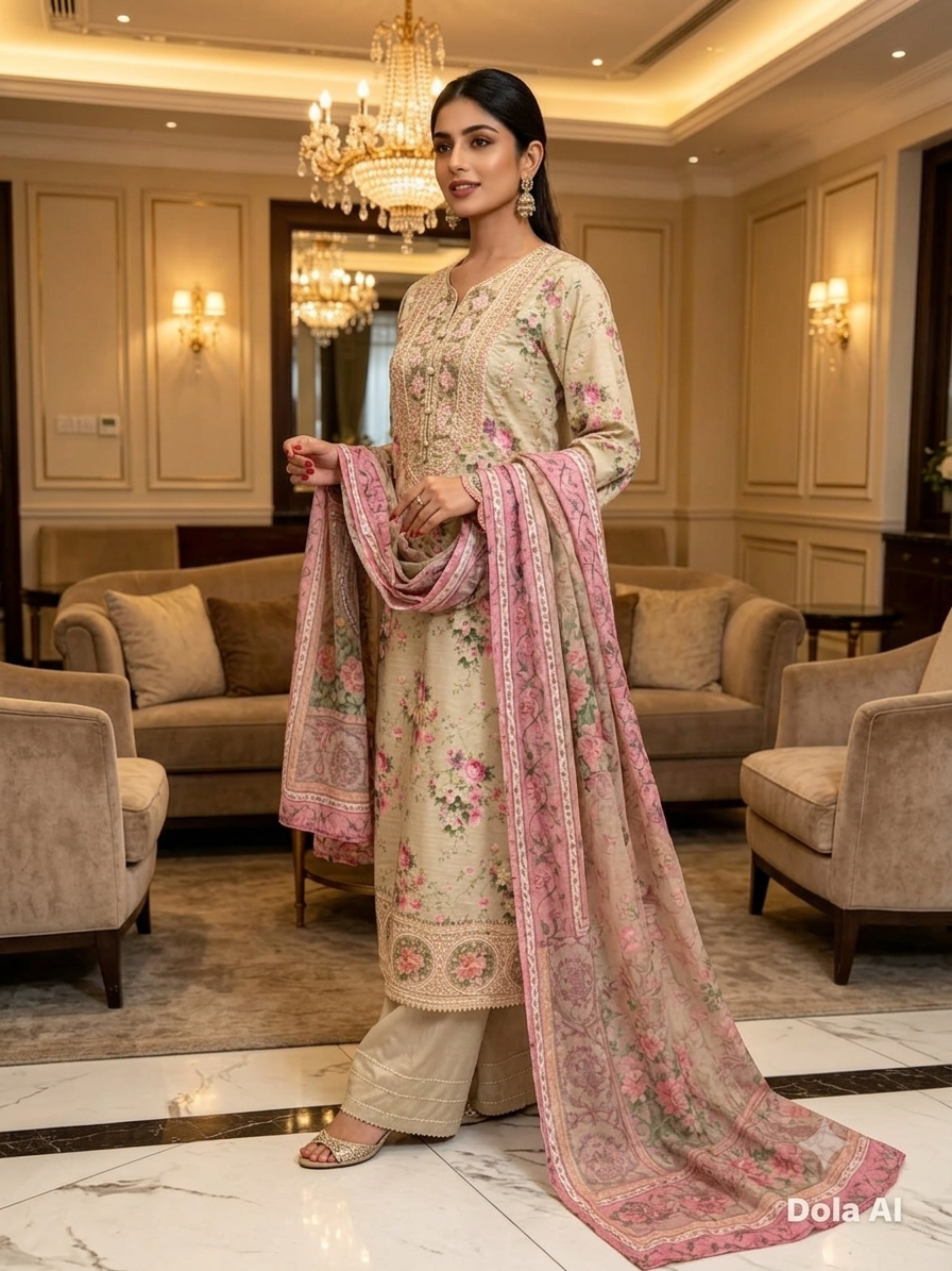 Ivory Rose Garden Printed Cotton Suit with Floral Dupatta