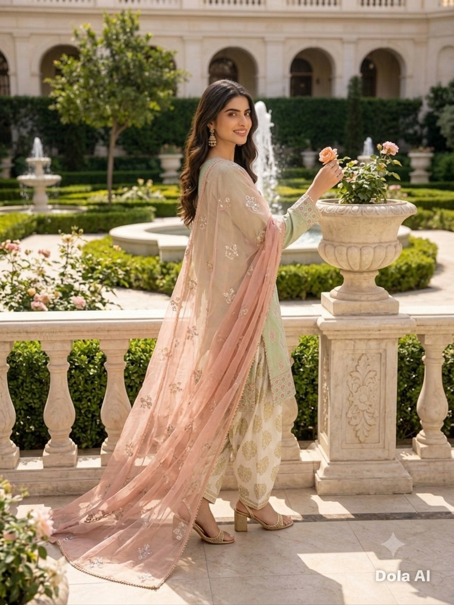 Elegant Sage Green Embroidered 3 Piece Suit