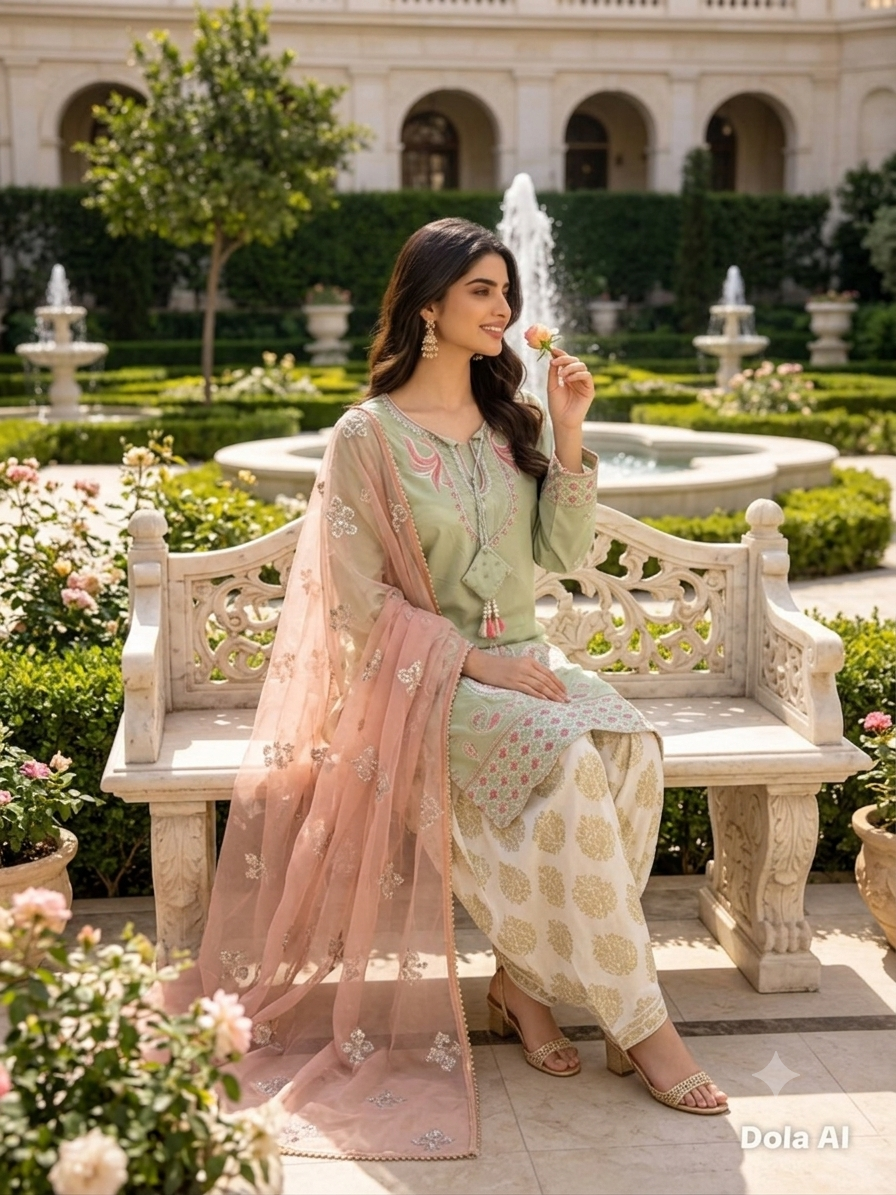 Elegant Sage Green Embroidered 3 Piece Suit