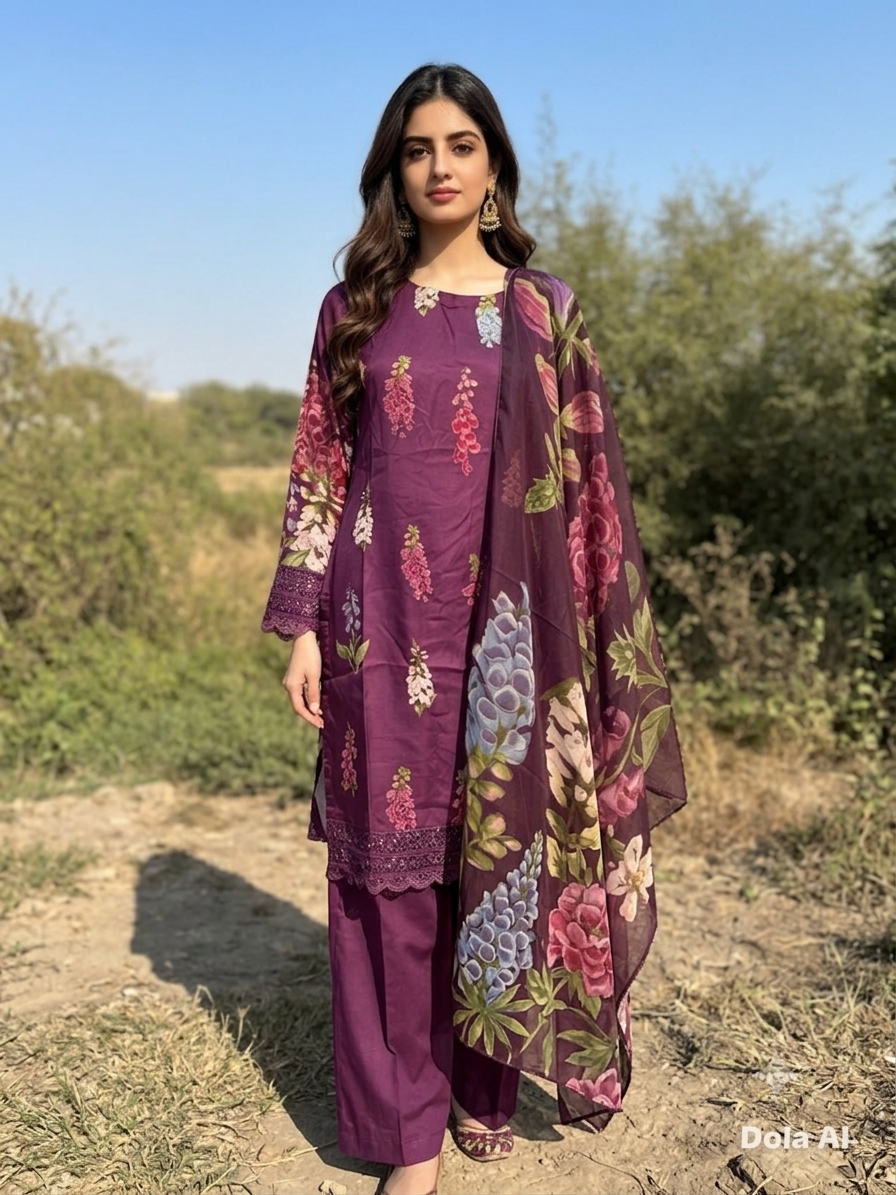 Premium Plum Silk 3-Piece Floral Shalwar Kameez
