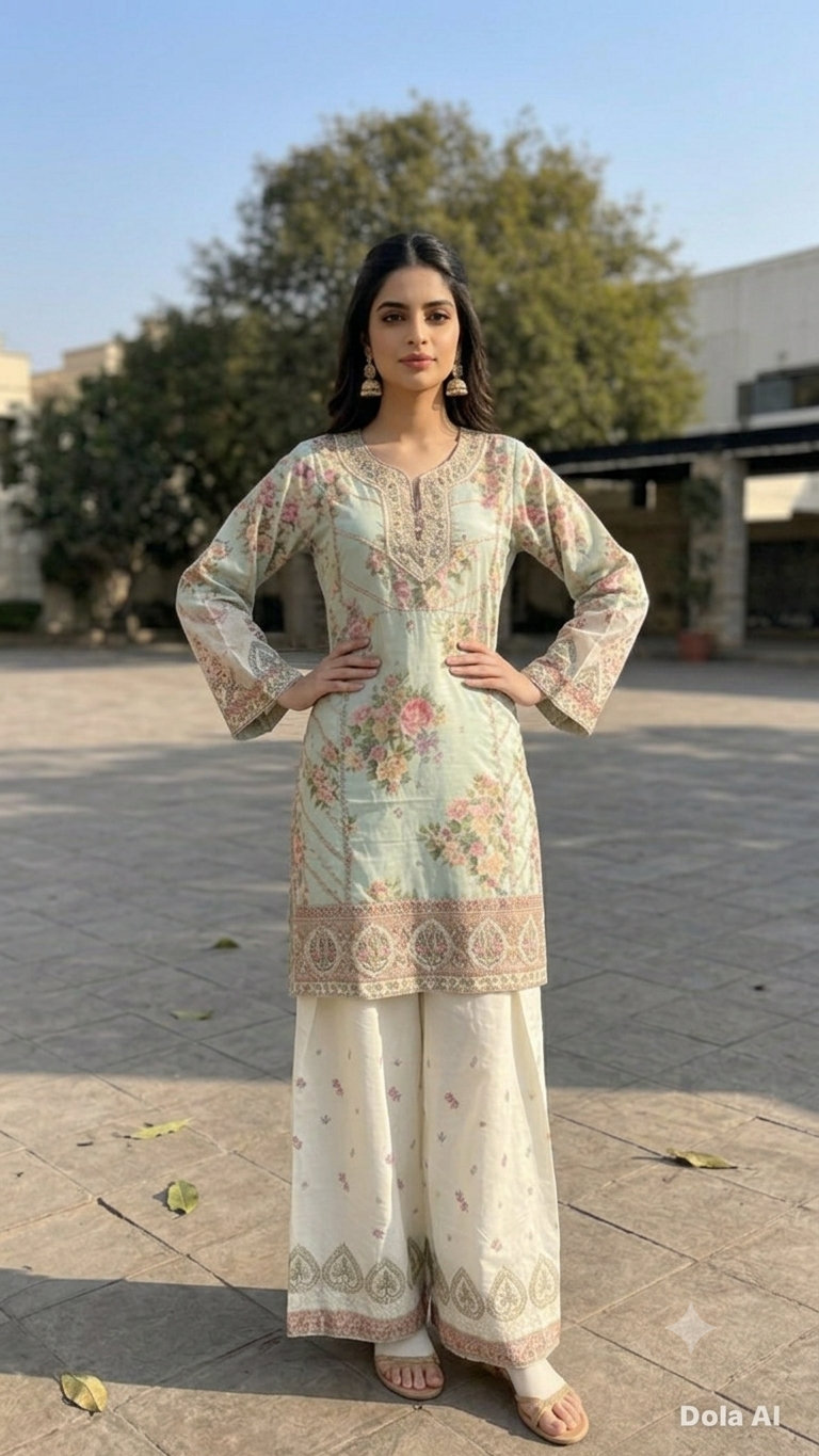 Mint Blossom Printed Lawn Suit with Farshi Shalwar