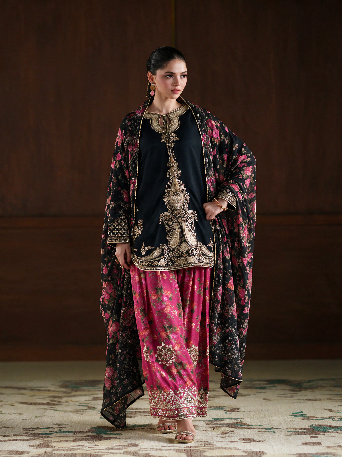 Ethnic inspired 3 pc outfit with printed silk scarf