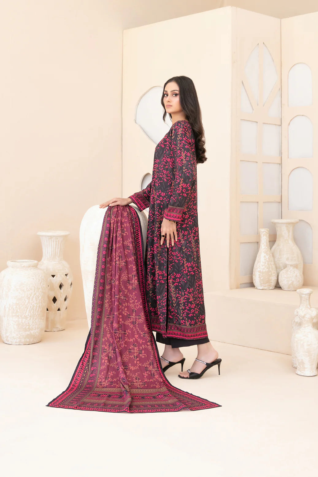 3pc black and pink outfit with a printed shawl