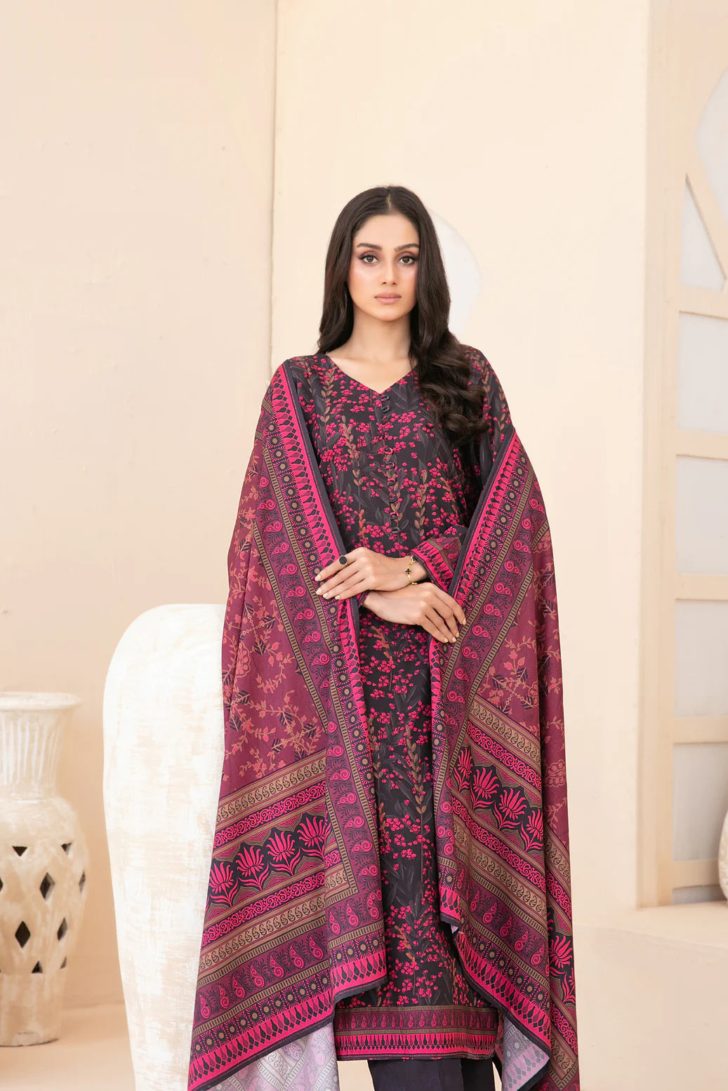 3pc black and pink outfit with a printed shawl