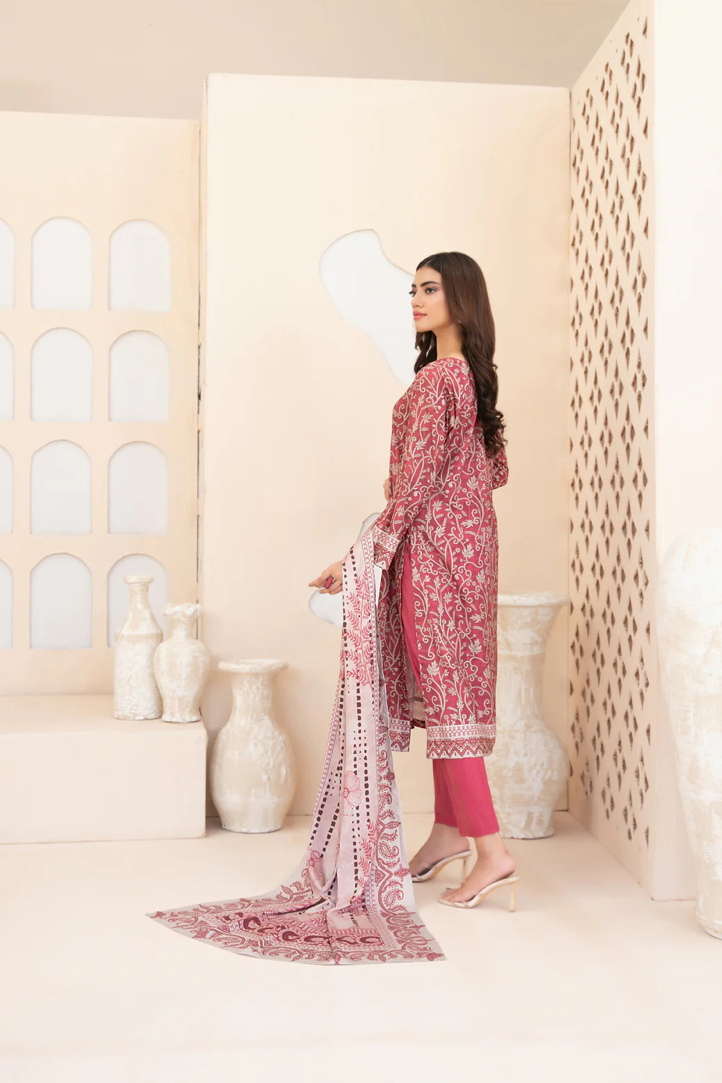 3pc pink and baige print suit
