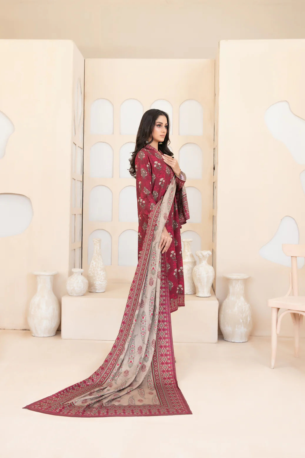 3pc shocking pink with Baige print and contrast baige shawl