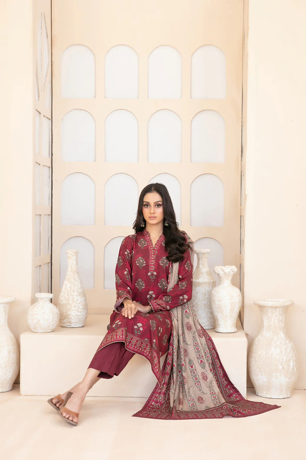 3pc shocking pink with Baige print and contrast baige shawl