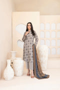 3pc light grey with blue print and contrast brown shawl