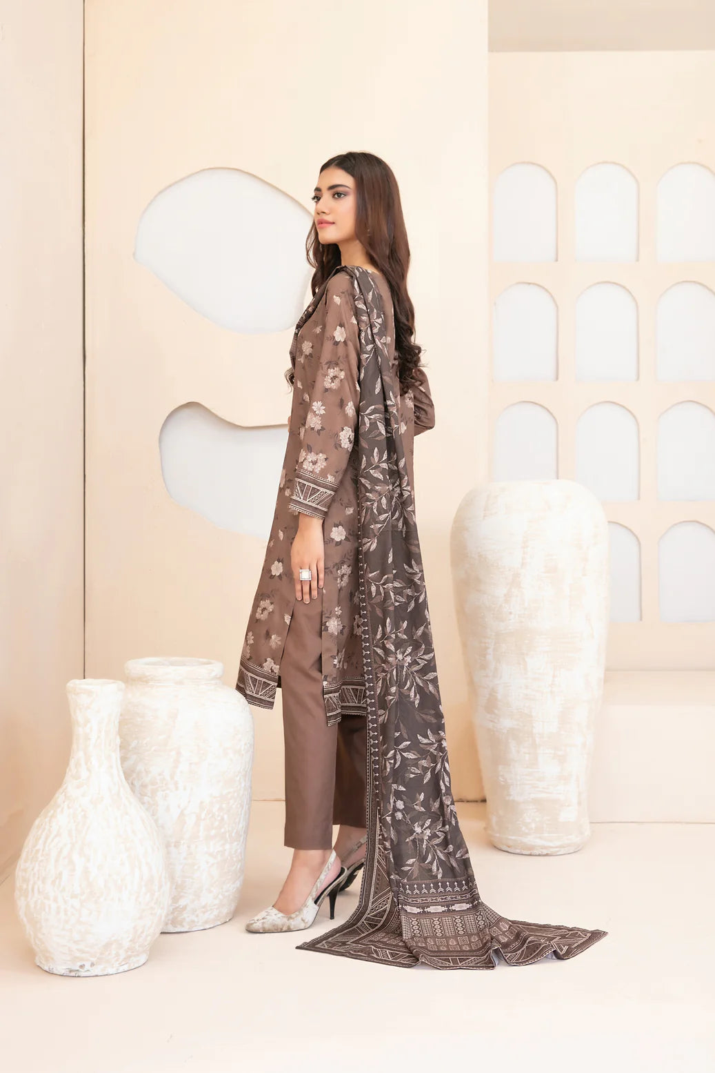 3pc brown outfit with Baige print and contrast shawl suit