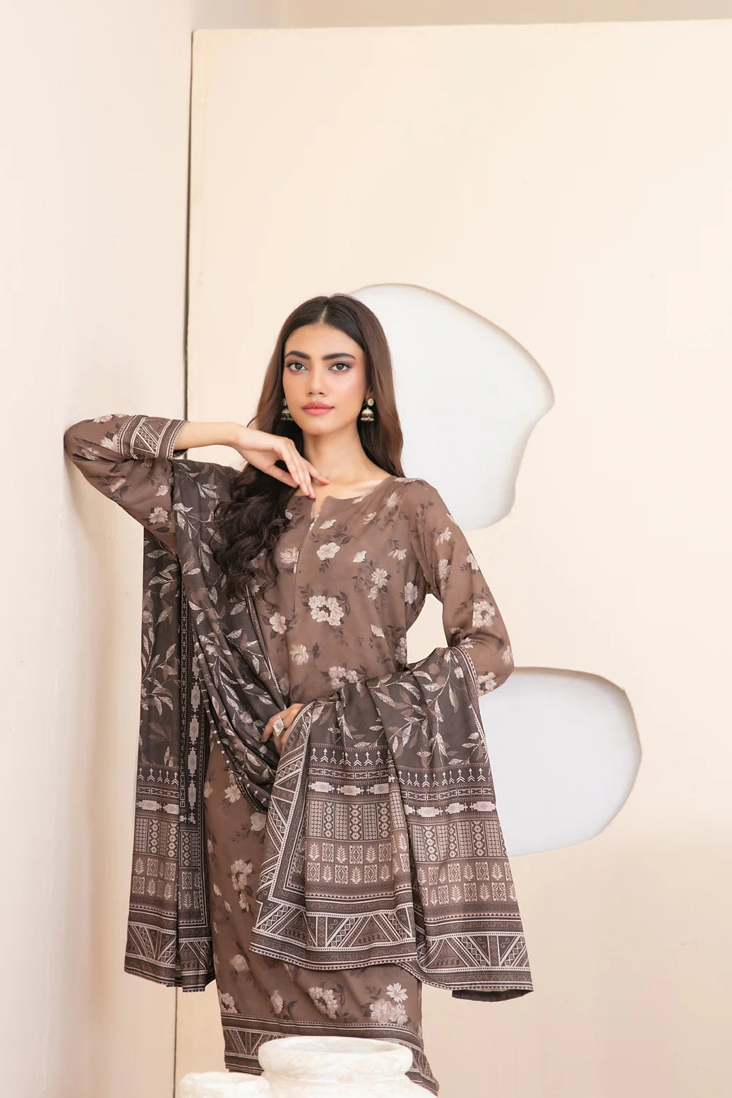 3pc brown outfit with Baige print and contrast shawl suit