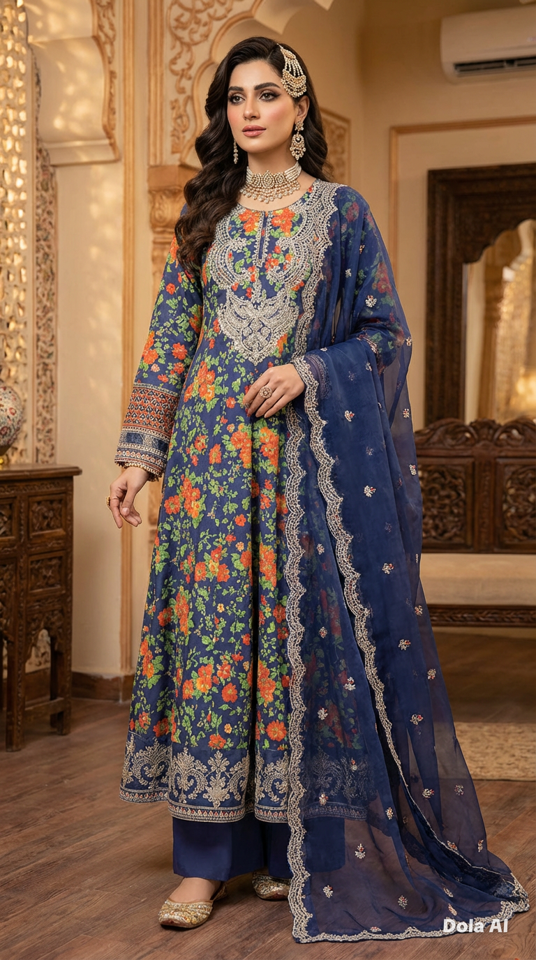3pc long floral frock  Suit with embroidery chiffon scarf