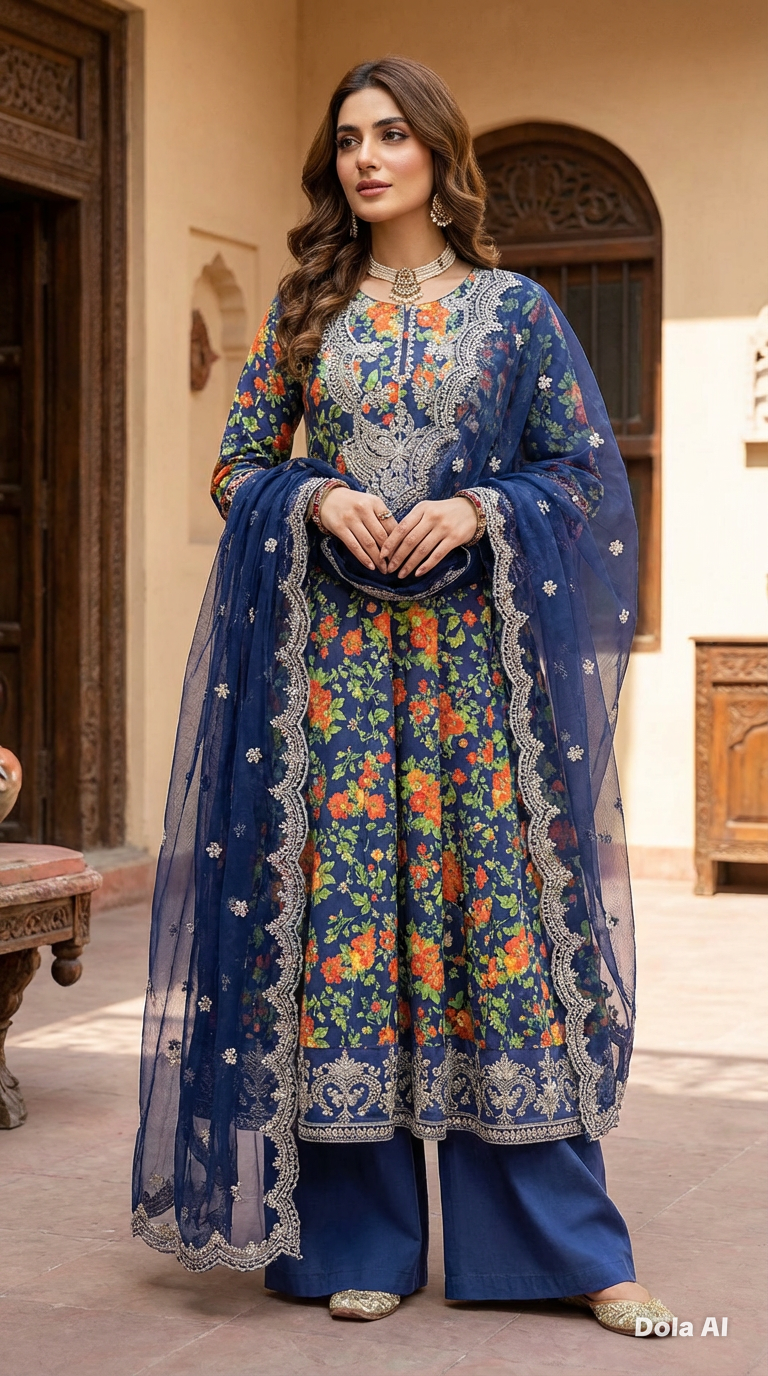 3pc long floral frock  Suit with embroidery chiffon scarf