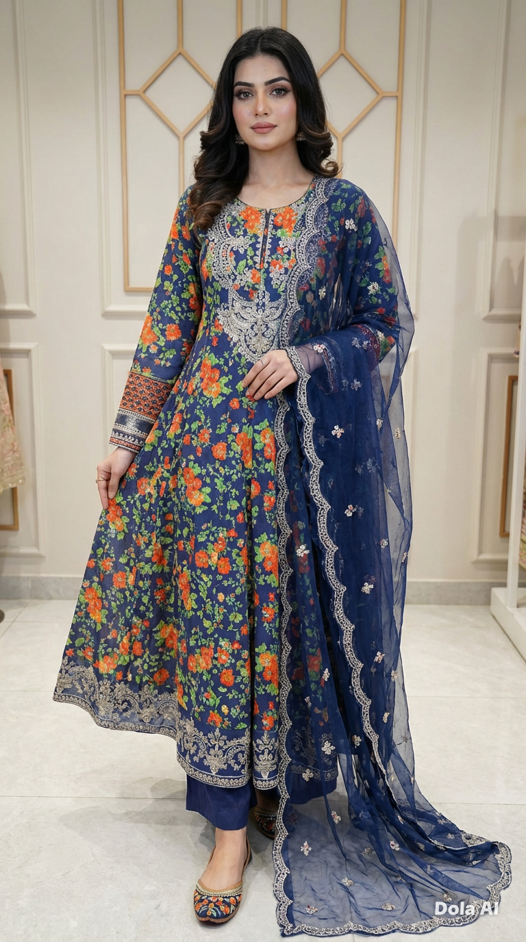 3pc long floral frock  Suit with embroidery chiffon scarf