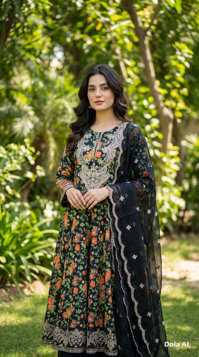 3Pc Green floral frock with chiffon scarf and plazo trousers