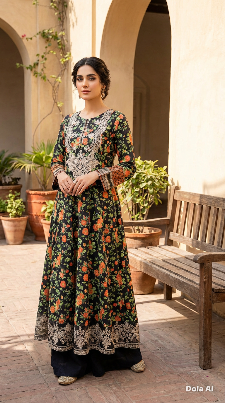 3Pc Green floral frock with chiffon scarf and plazo trousers