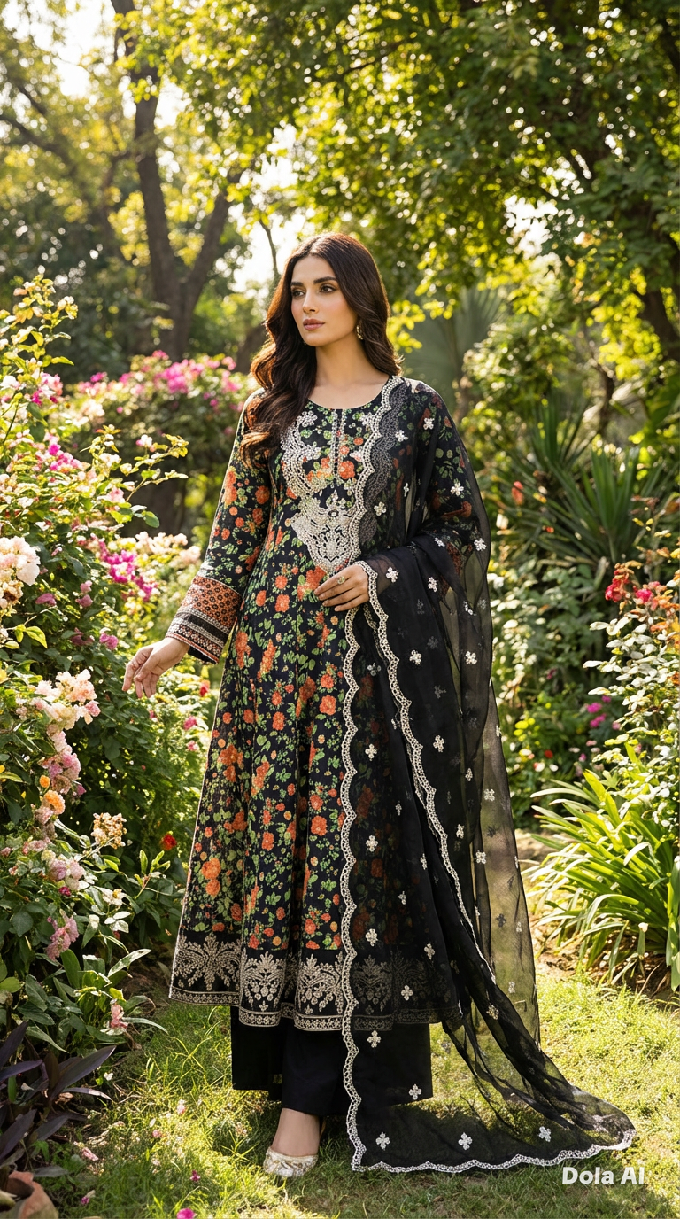 3Pc Green floral frock with chiffon scarf and plazo trousers