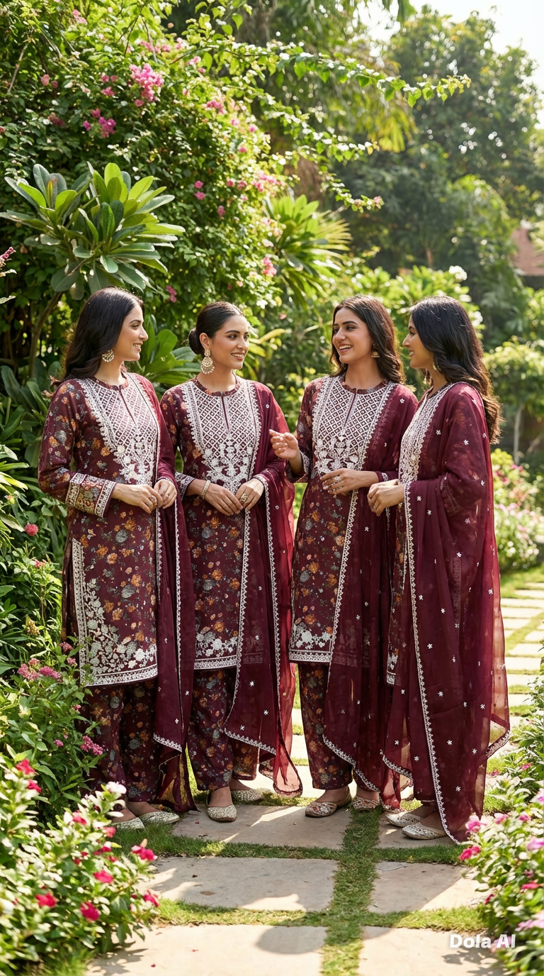 Floral suit with wide trousers and Chiffon embroidery dupatta