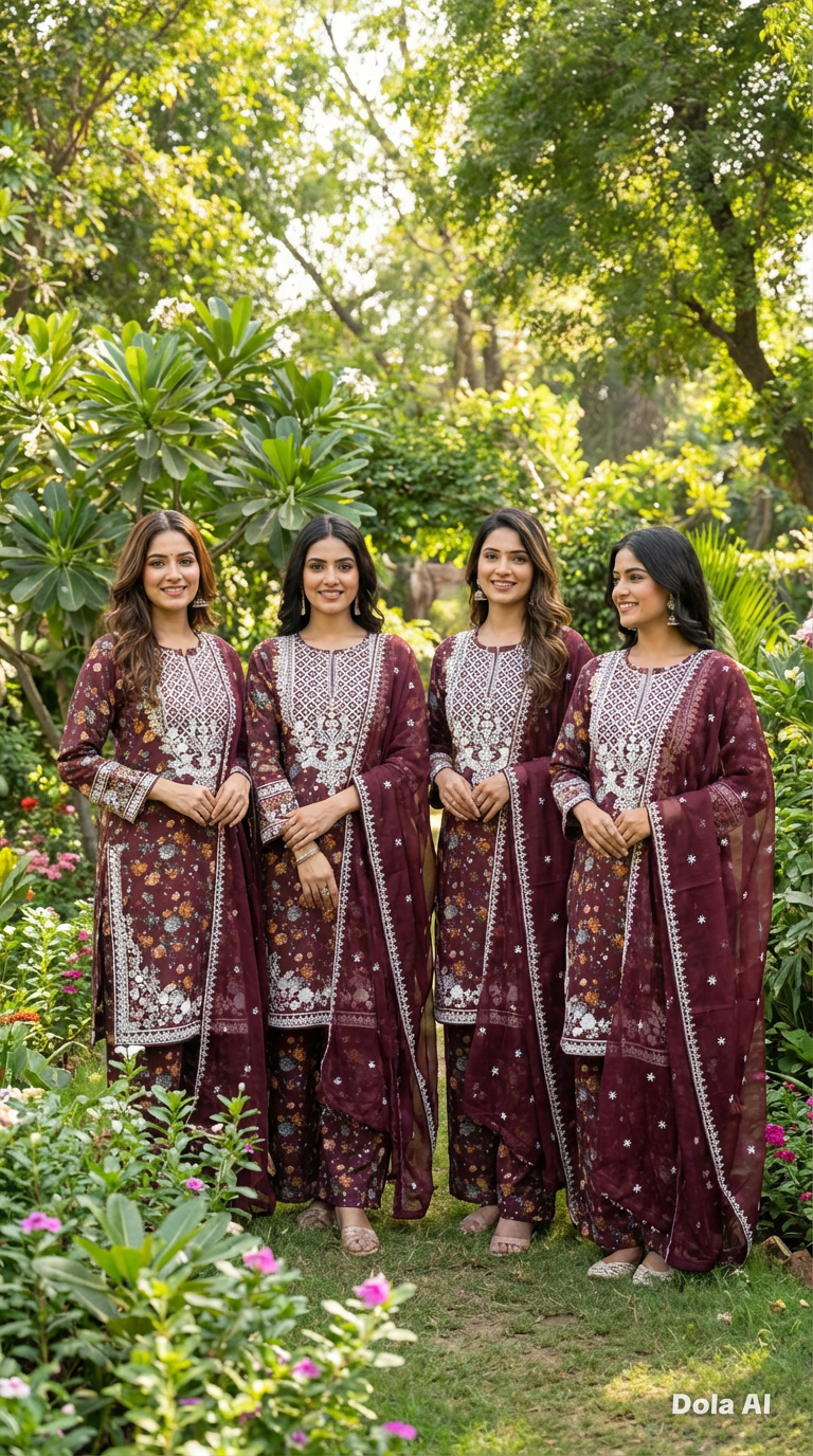 Floral suit with wide trousers and Chiffon embroidery dupatta