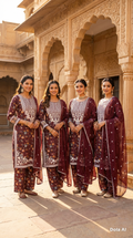 Floral suit with wide trousers and Chiffon embroidery dupatta