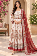 Ivory Floral Printed Lawn Frock with Maroon Silk Dupatta