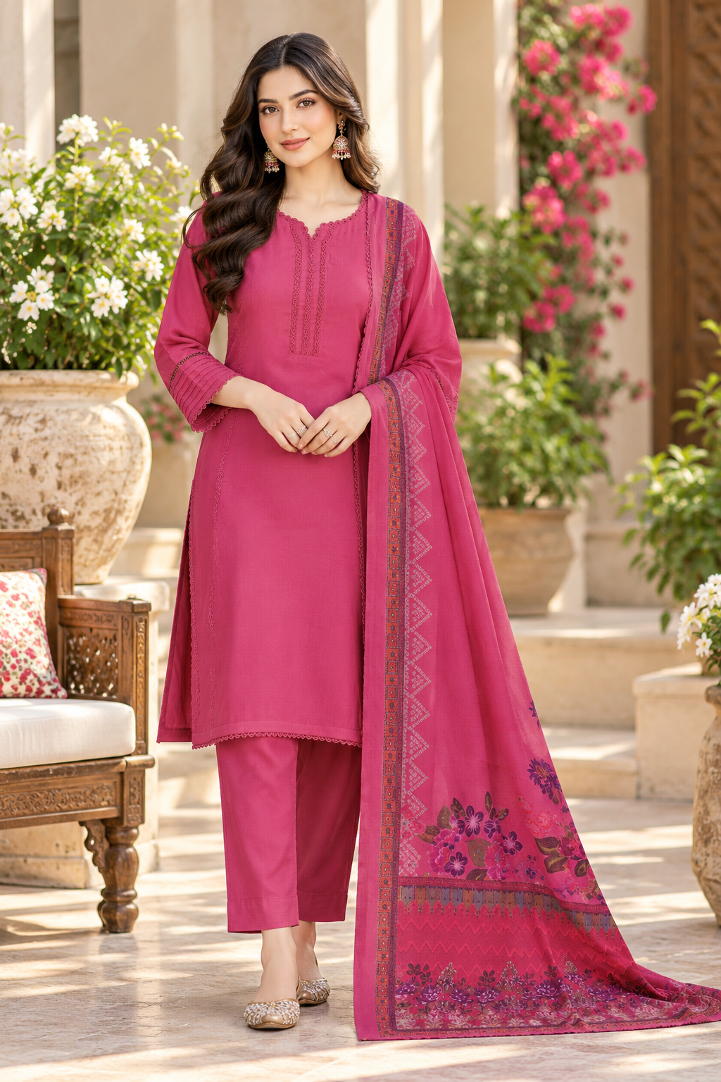 Fuchsia Pink Dhanak 3-Piece Suit with Matching Dhanak Shawl