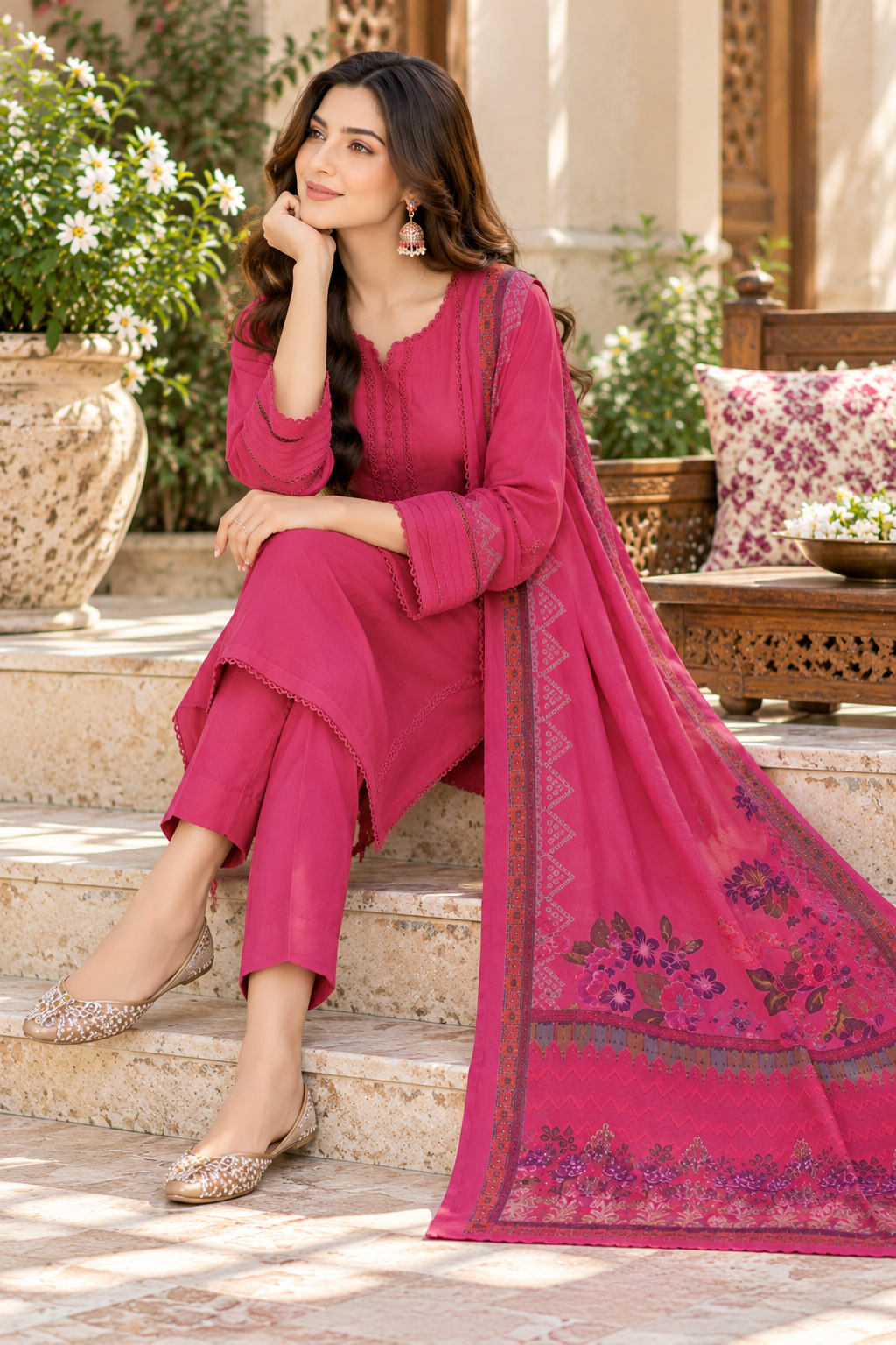 Fuchsia Pink Dhanak 3-Piece Suit with Matching Dhanak Shawl