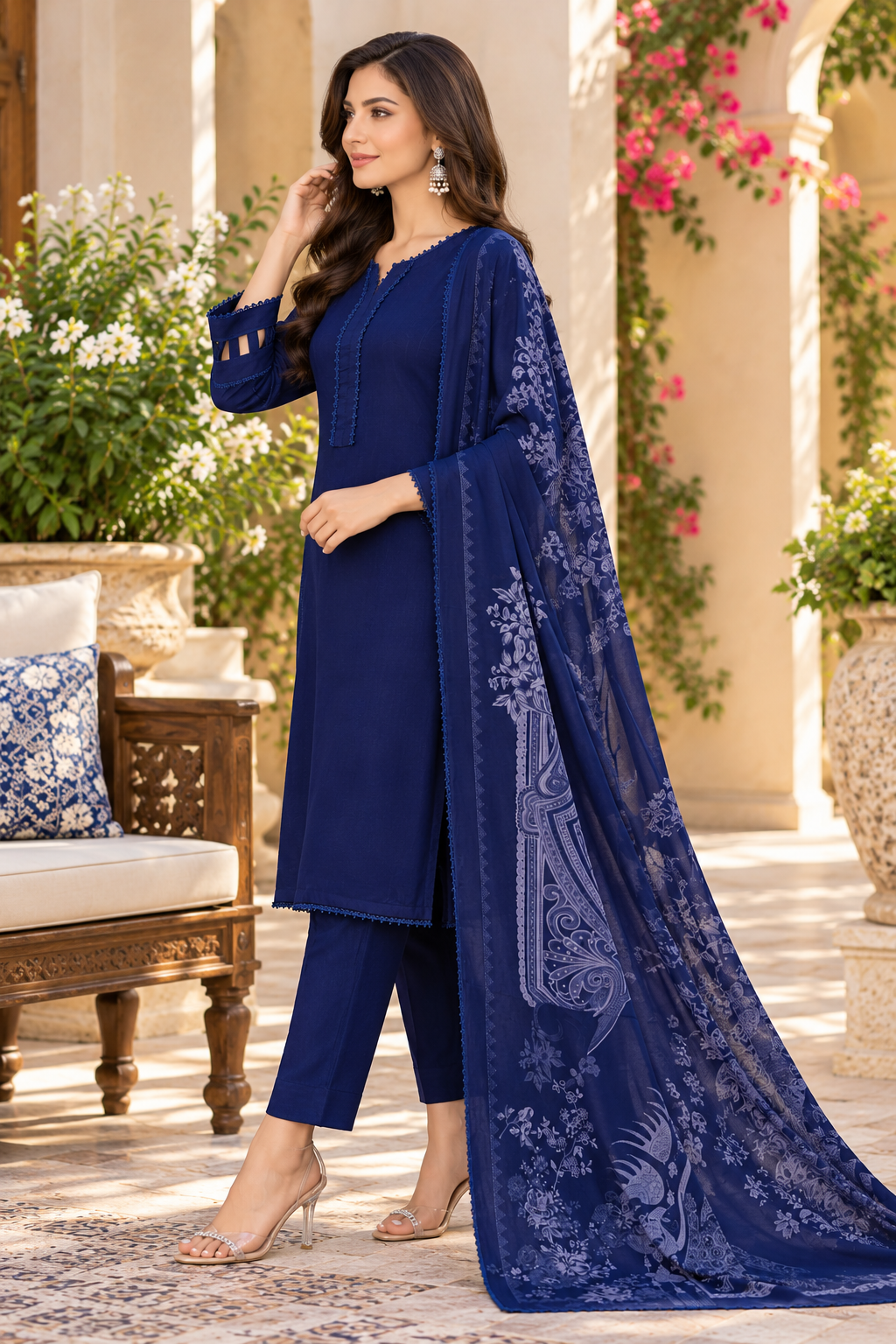 Navy Blue Dhanak 3-Piece Suit with Printed Dhanak Shawl