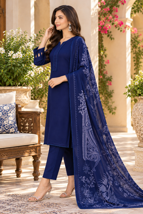 Navy Blue Dhanak 3-Piece Suit with Printed Dhanak Shawl