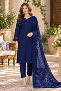 Navy Blue Dhanak 3-Piece Suit with Printed Dhanak Shawl